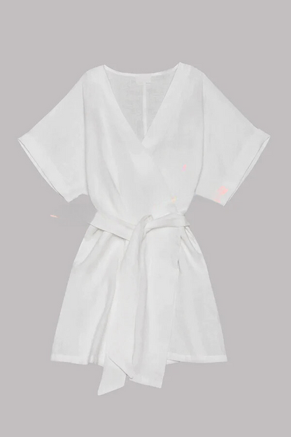 LM | cotton-linen blend pocket belt kimono mini dress