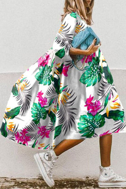 LM | Vintage floral print high low hem A-line midi dress