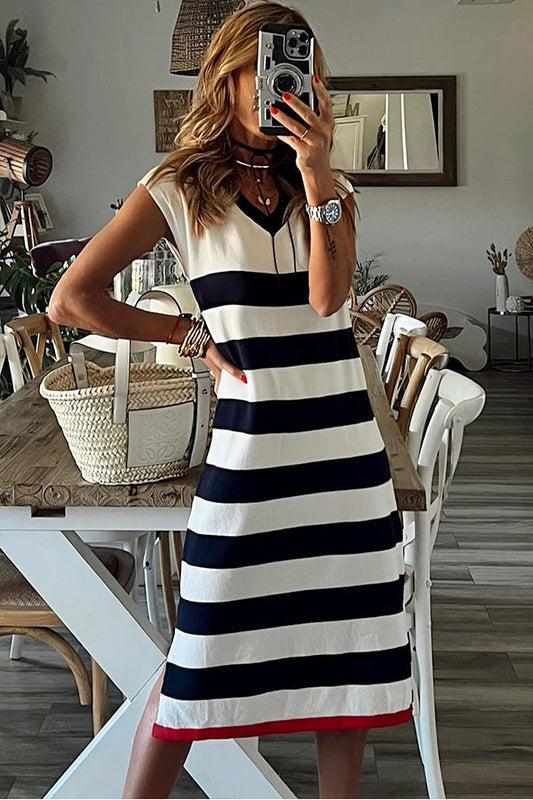 LM | Stripes Elegant midi dress with V-neck and long sleeves