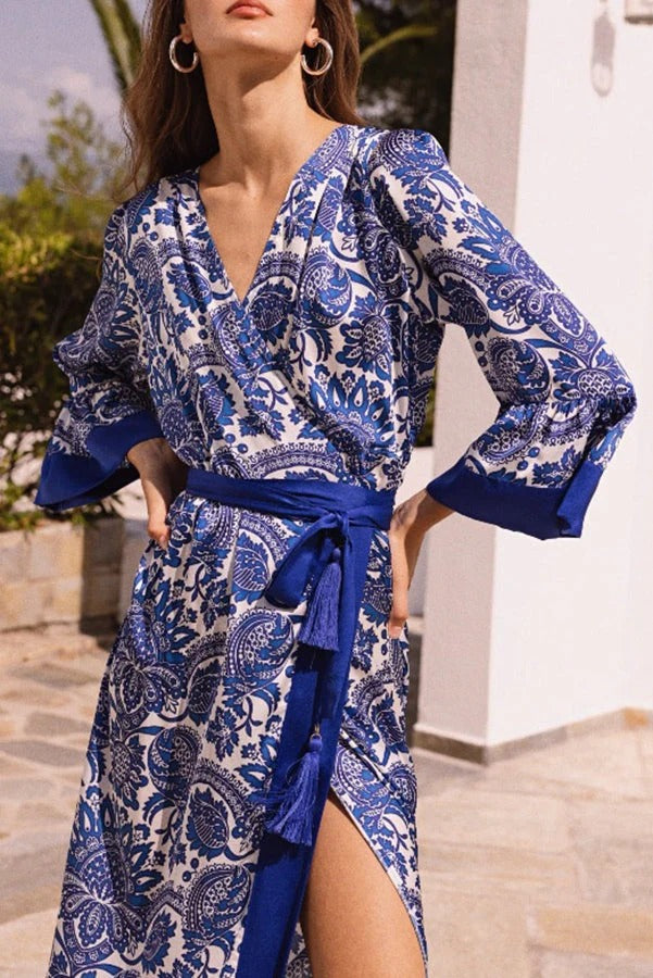 LM | Greek Island Satin Unique floral print tassel belt Maxi dress in wrap look