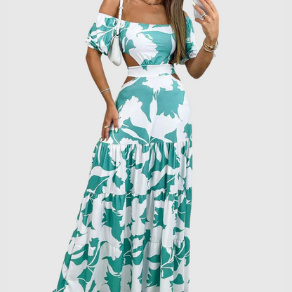 LM | Elegant midi dress with irregular grain and neckline