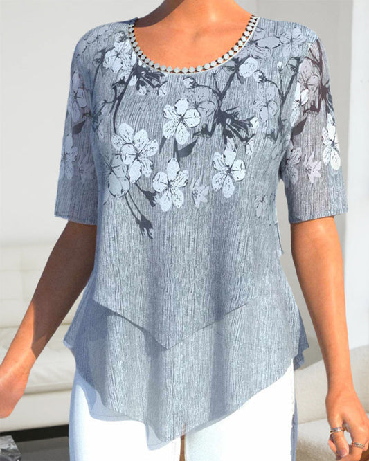 LM | Blouse with floral round neckline and short sleeves