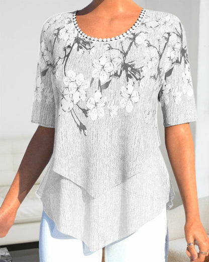 LM | Blouse with floral round neckline and short sleeves