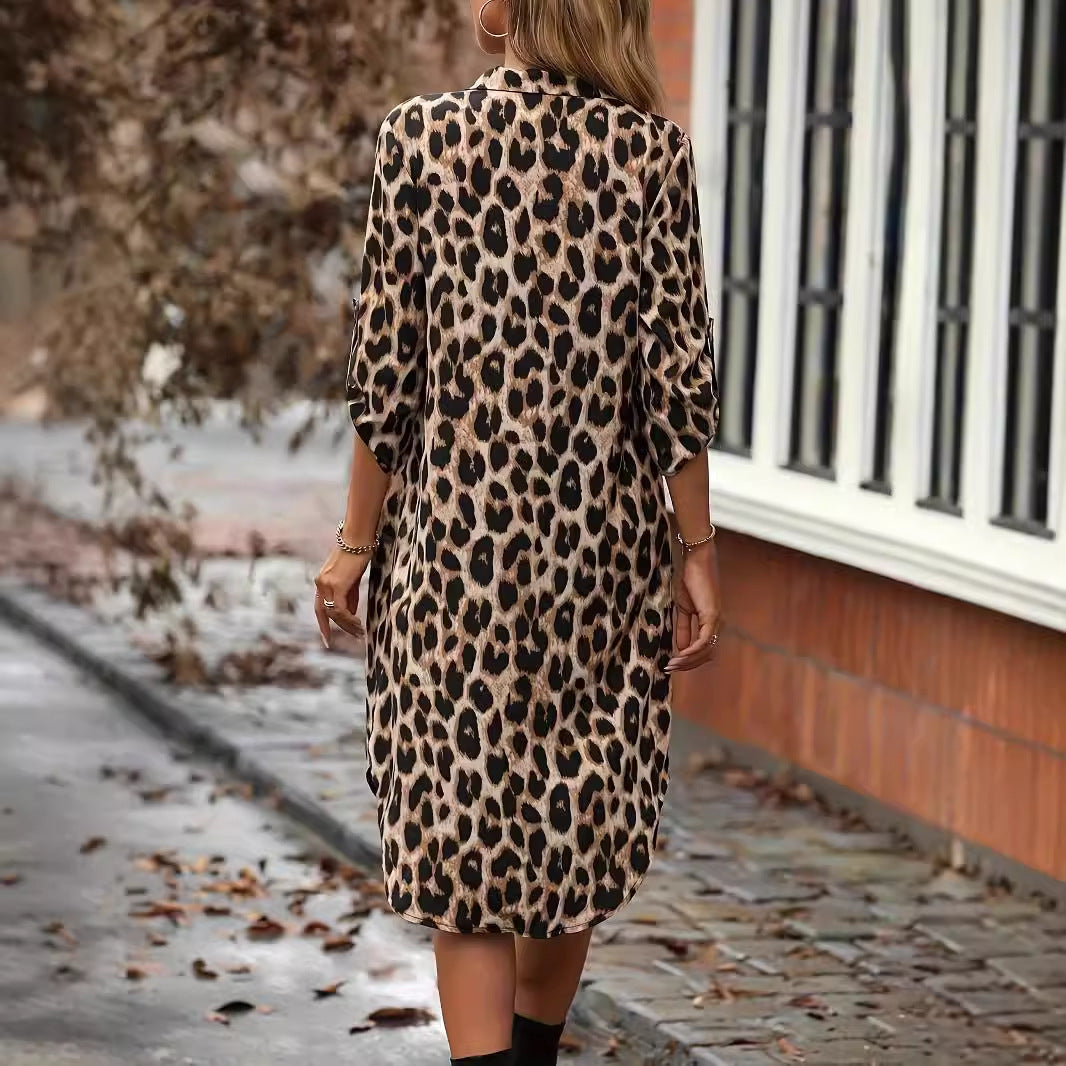 LM | Leopard Print Beach Cover-up V-Neck Robe Vacation Bikini Dress
