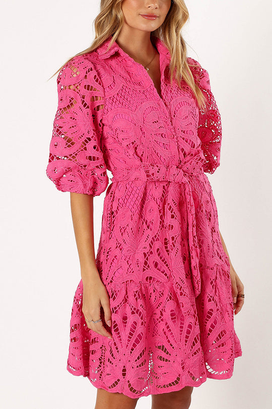 LM | Solid color lace neckline balloon sleeves and waist tie mini dress