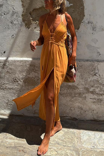 LM | Linen Blend Elastic Waist Halter Backless Pocket Slit Midi Dress