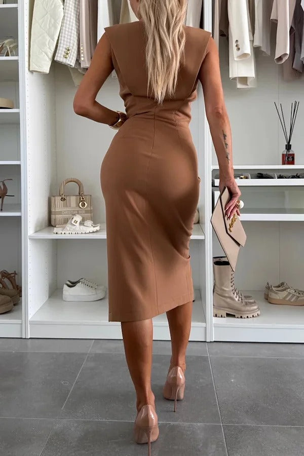 LM | Solid color Round neckline Sleeveless Slim fit midi dress with slit
