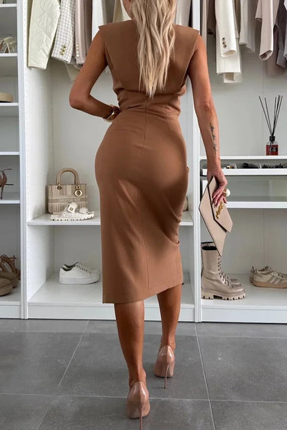LM | Solid color Round neckline Sleeveless Slim fit midi dress with slit