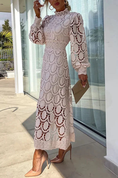 LM | Romantic, Sensual and Elegant Crochet Lace Lantern Sleeve Party Midi Dress