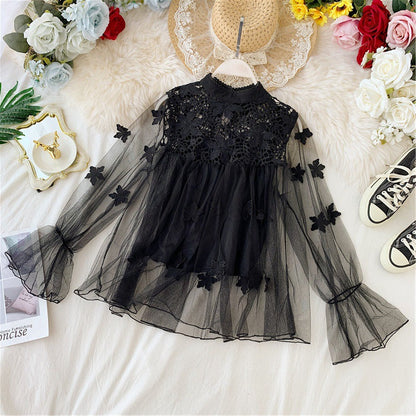 LM | perspective mesh gauze lantern sleeves slim short top female lace leggings undershirt