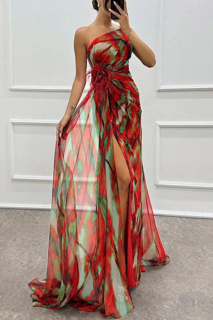 LM | Amazing Views Watercolor Print Feather Rose Detail Off Shoulder Pleated Slit Maxi Dress