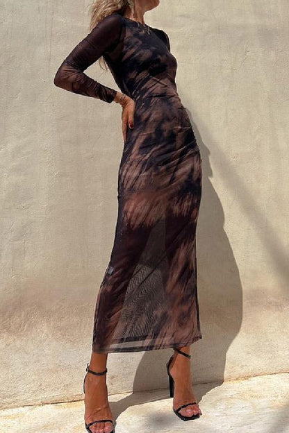 LM | Charm Lady Mesh Overlay Tie Dye Print Long Sleeve Ruffled Stretch Midi Dress