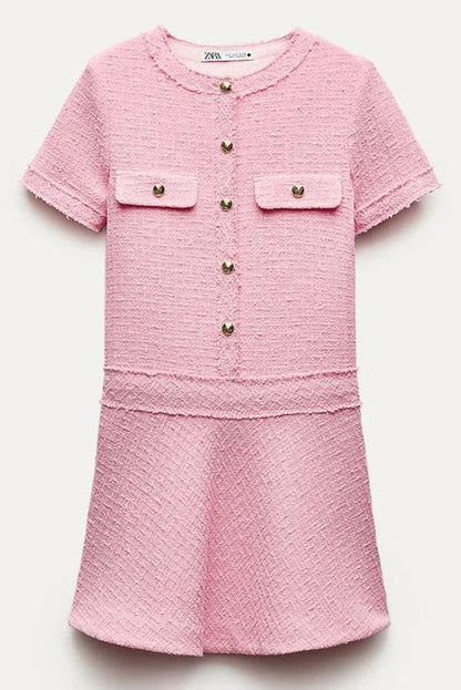 LM | 1960s London Girl tweed textured gold button short sleeve pocketed mini dress