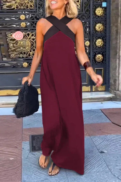 LM | Stylish crossover backless sleeveless loose maxi dress