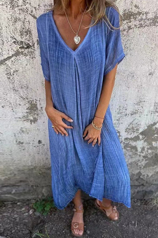 LM | V-neck loose fit cotton linen midi dress