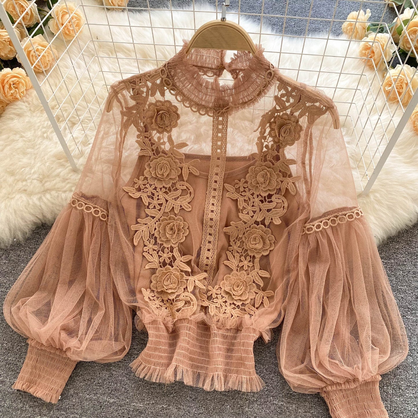 LM | perspective mesh gauze lantern sleeves slim short top female lace leggings undershirt