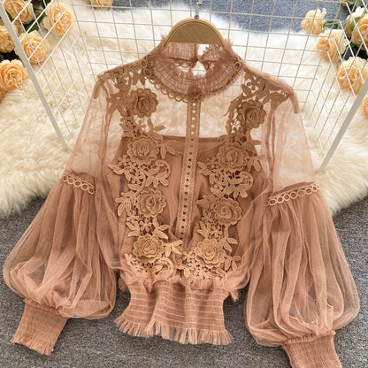 LM | perspective mesh gauze lantern sleeves slim short top female lace leggings undershirt