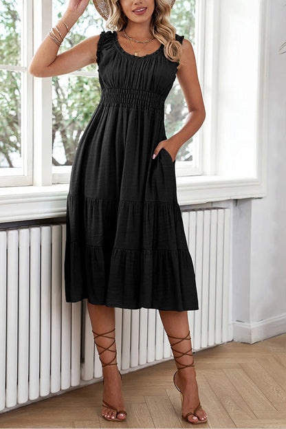 LM | Black sleeveless ruffled midi dress with ruffles and U-neckline