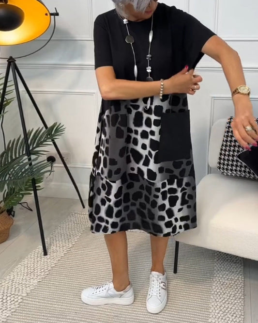 LM | Stylish short-sleeved midi dress with leopard print