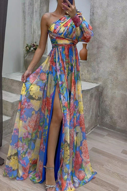 LM | Let's Elope Floral Print Pleated Maxi Dress with One Shoulder and Slit