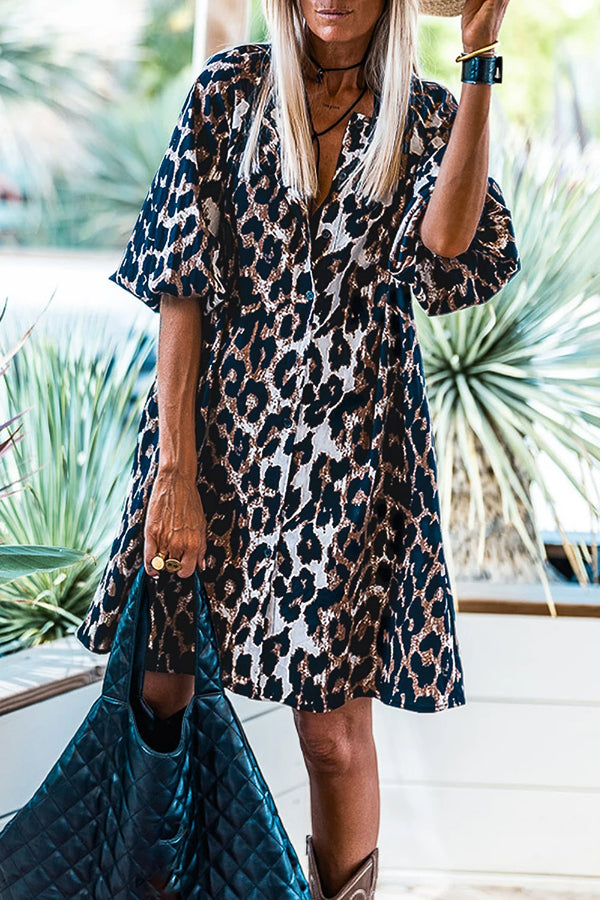 LM | Black Leopard Lantern Sleeve Button Up Mini Dress