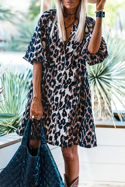 LM | Black Leopard Lantern Sleeve Button Up Mini Dress