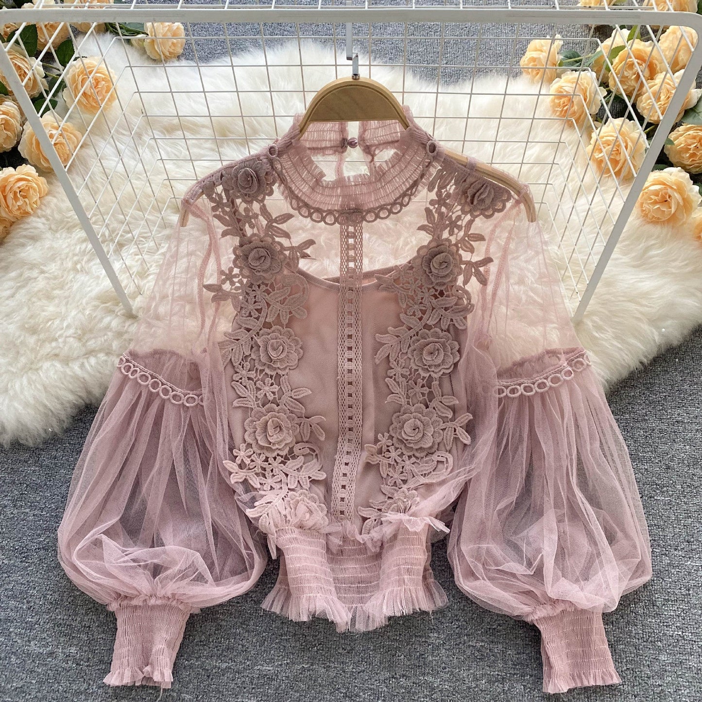 LM | perspective mesh gauze lantern sleeves slim short top female lace leggings undershirt