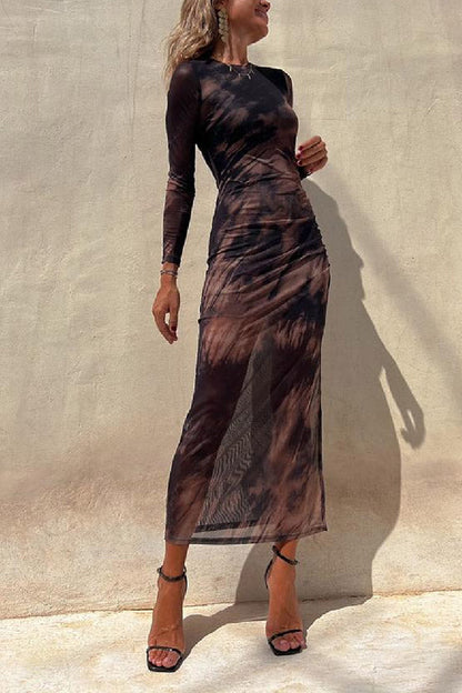 LM | Charm Lady Mesh Overlay Tie Dye Print Long Sleeve Ruffled Stretch Midi Dress