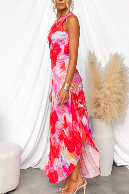 LM | One Shoulder Sleeveless Asymmetric Maxi Dress with Pleating