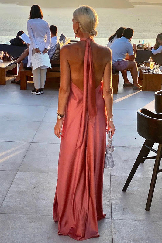 LM | Elegant and fabulous satin halter backless party / vocation maxi dress