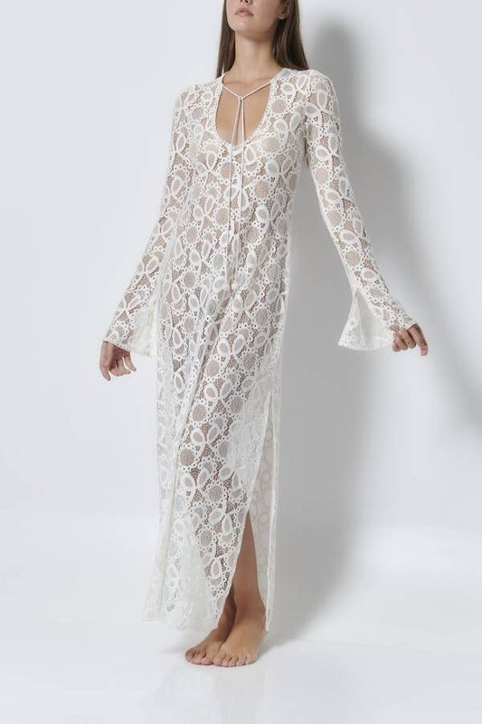 LM | Santorini Sunset Floral Lace Long Sleeve Slit Vacation Maxi Dress