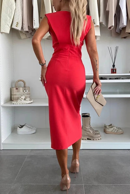 LM | Solid color Round neckline Sleeveless Slim fit midi dress with slit