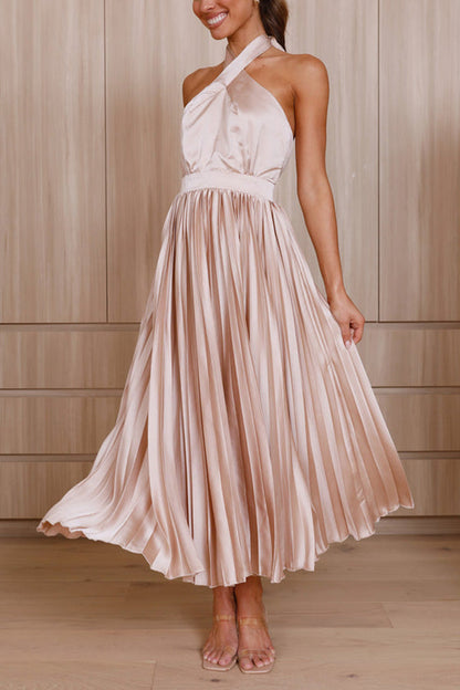 LM | Beaming Smile satin halterneck pleated midi dress