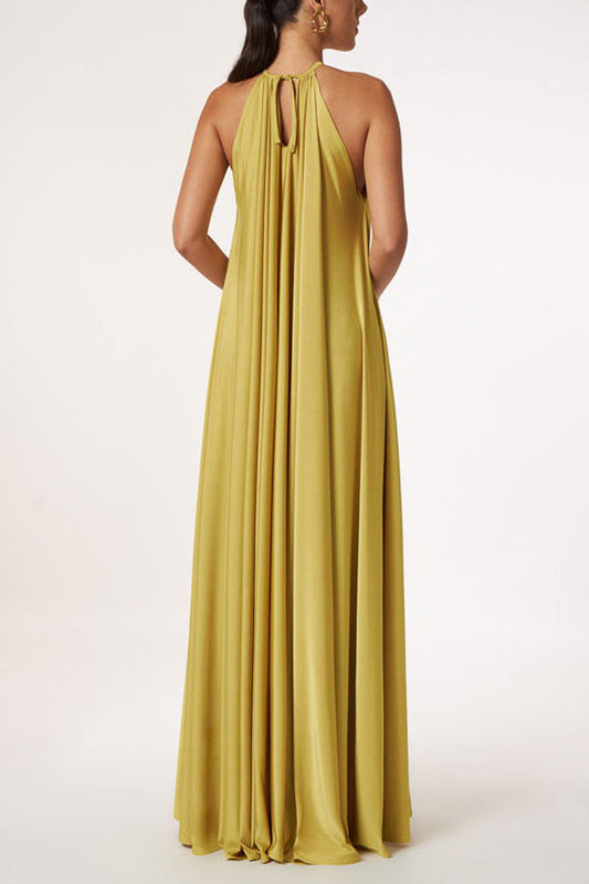 LM | Greek Goddess Unmistakable Golden Halter Neck A-line Maxi Dress