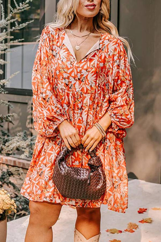 LM | Orange Floral Print Split V-Neck Bubble Sleeve Plus Size Midi Dress