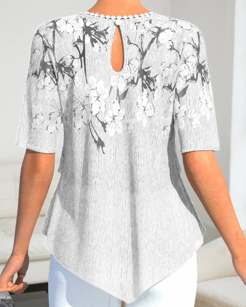 LM | Blouse with floral round neckline and short sleeves
