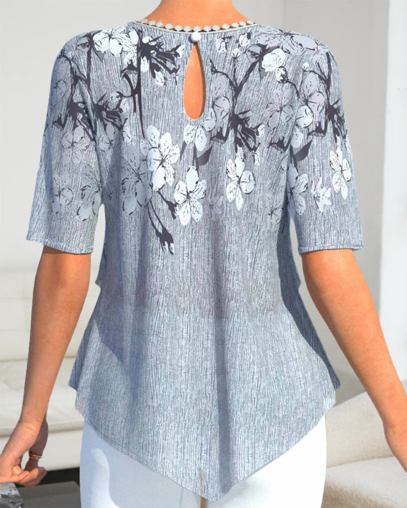 LM | Blouse with floral round neckline and short sleeves