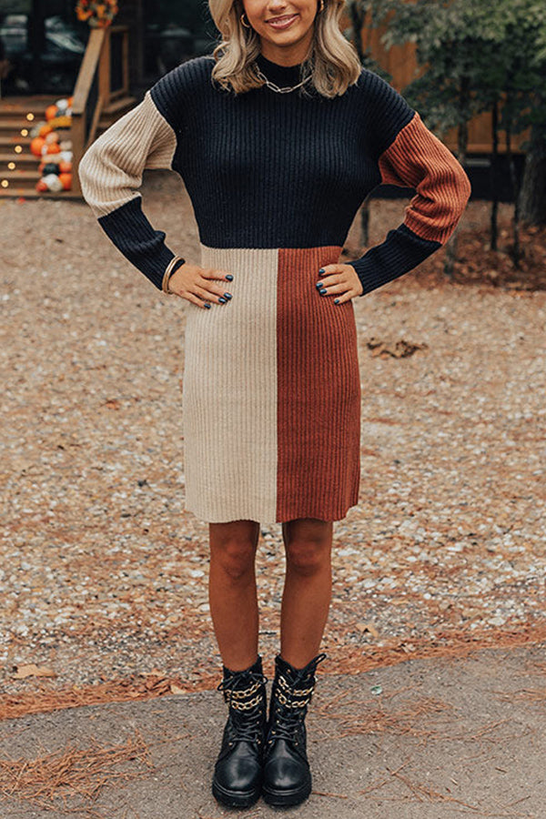 LM | Winter Latte Knit Color Block Mock Neck Sweater Mini Dress