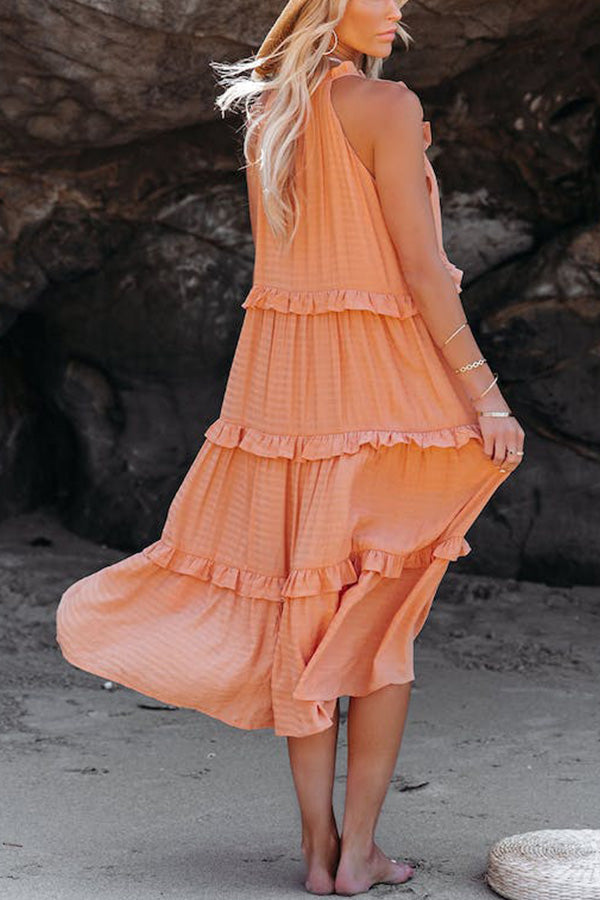 LM | COTTON BLEND, TIERED MIDI DRESS WITH POCKETS