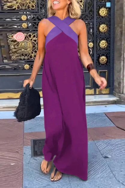 LM | Stylish crossover backless sleeveless loose maxi dress