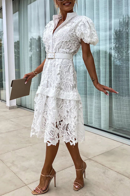 LM | Absolutely Elegant Floral Crochet Lace Puff Sleeve Belted Shirt Midi Dress