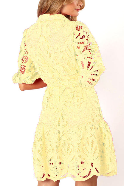 LM | Solid color lace neckline balloon sleeves and waist tie mini dress