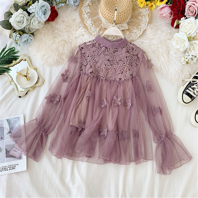 LM | perspective mesh gauze lantern sleeves slim short top female lace leggings undershirt