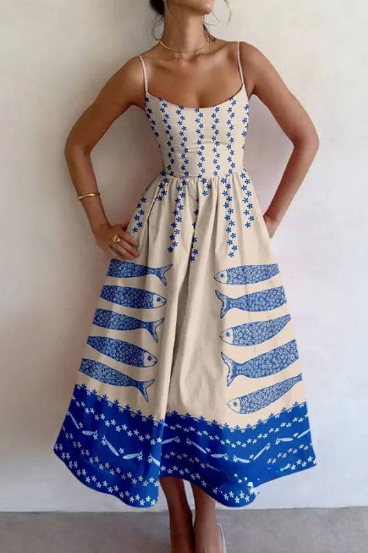 LM | Unique midi dress with fish flower pattern