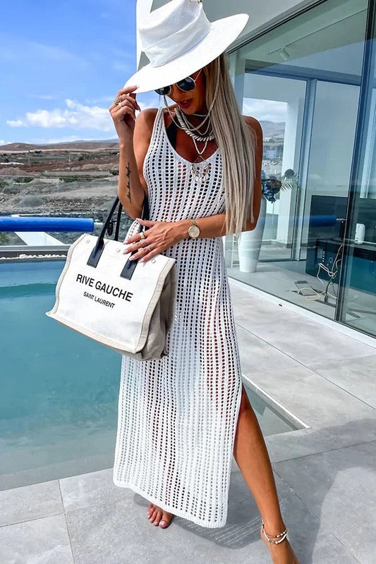 LM | Deserted Island Crochet Knit Cross Back Cover Up Maxi Dress