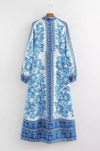LM | Unique print button down long sleeve shirt maxi dress
