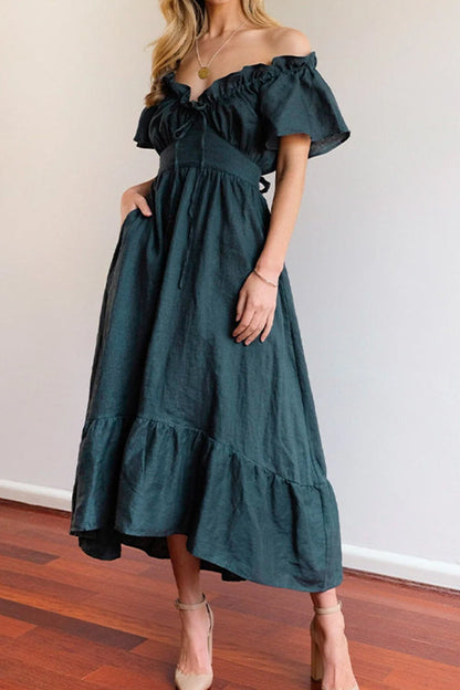 LM | RUCHED HEM OFF-THE-SHOULDER MIDI DRESS