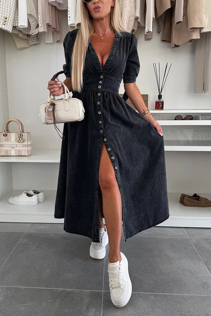 LM | Solid color V-neck button-down denim midi dress