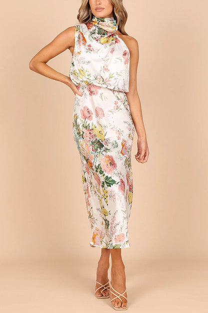 LM | Wine Country Dates Floral Halter Neck Elastic Waist Maxi Dress