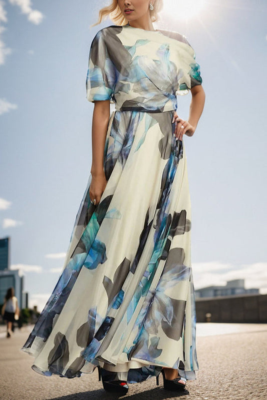 LM | Unique printed bohemian short-sleeved maxi dress with one shoulder section